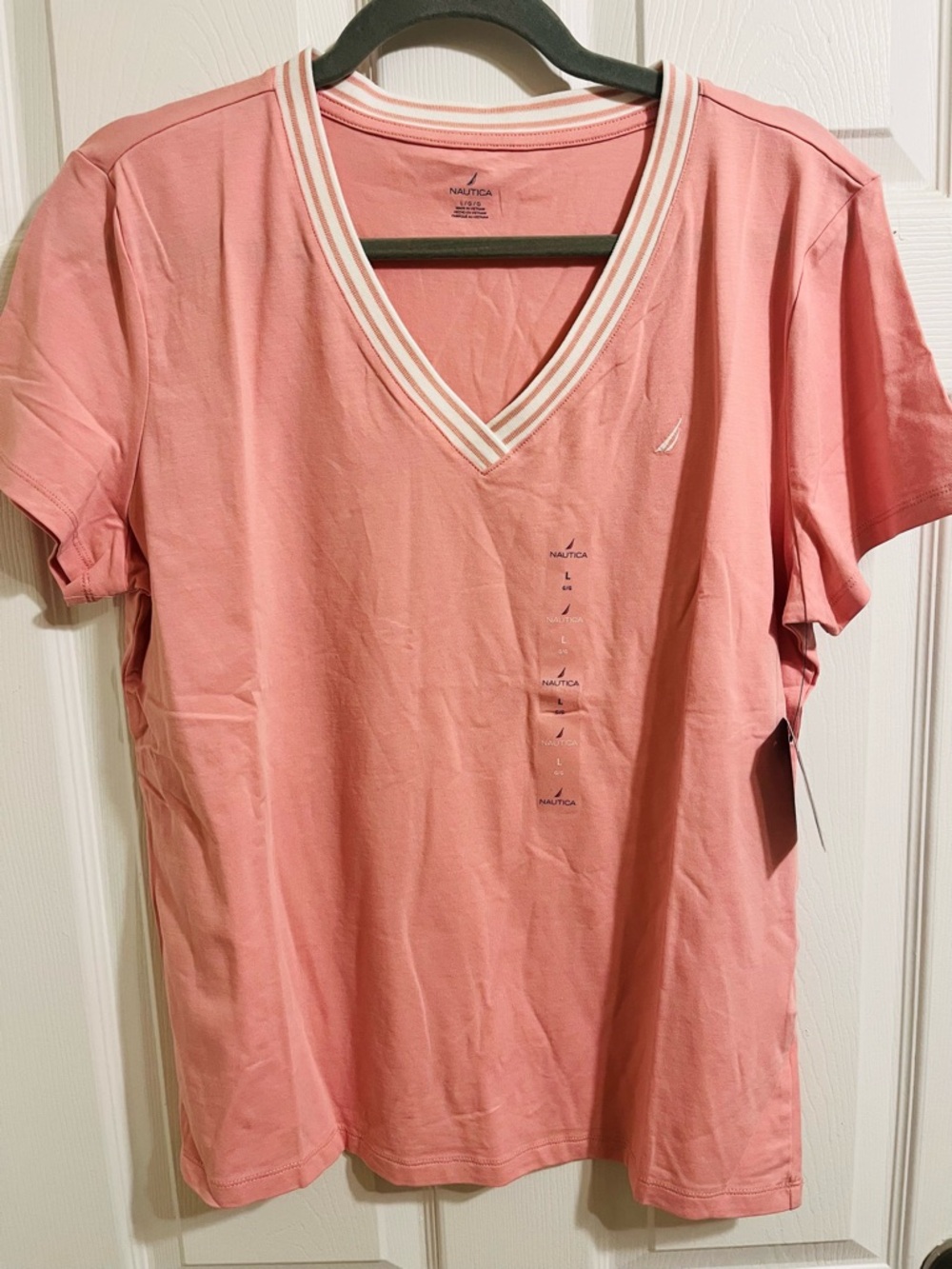 Nautica Soft Pink V-Neck Tee with Striped Trim